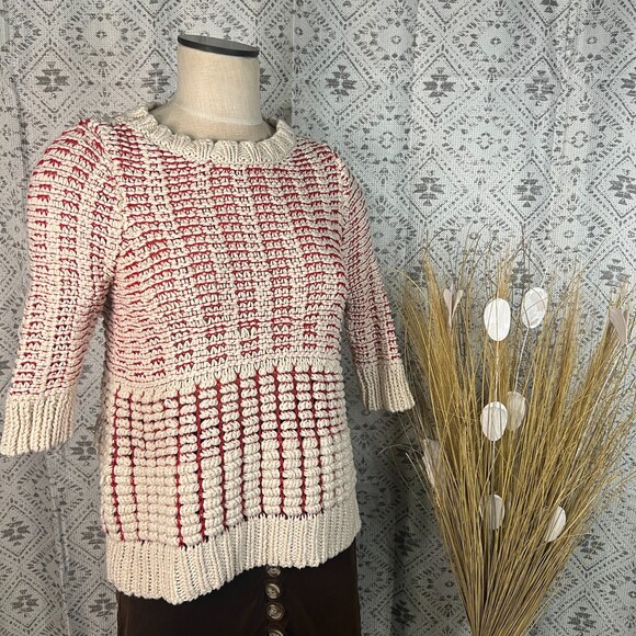 Voor Anthropologie Cream Red  Knit Sweater Chunky 3/4 Sleeve Pullover Size Large - Picture 1 of 6